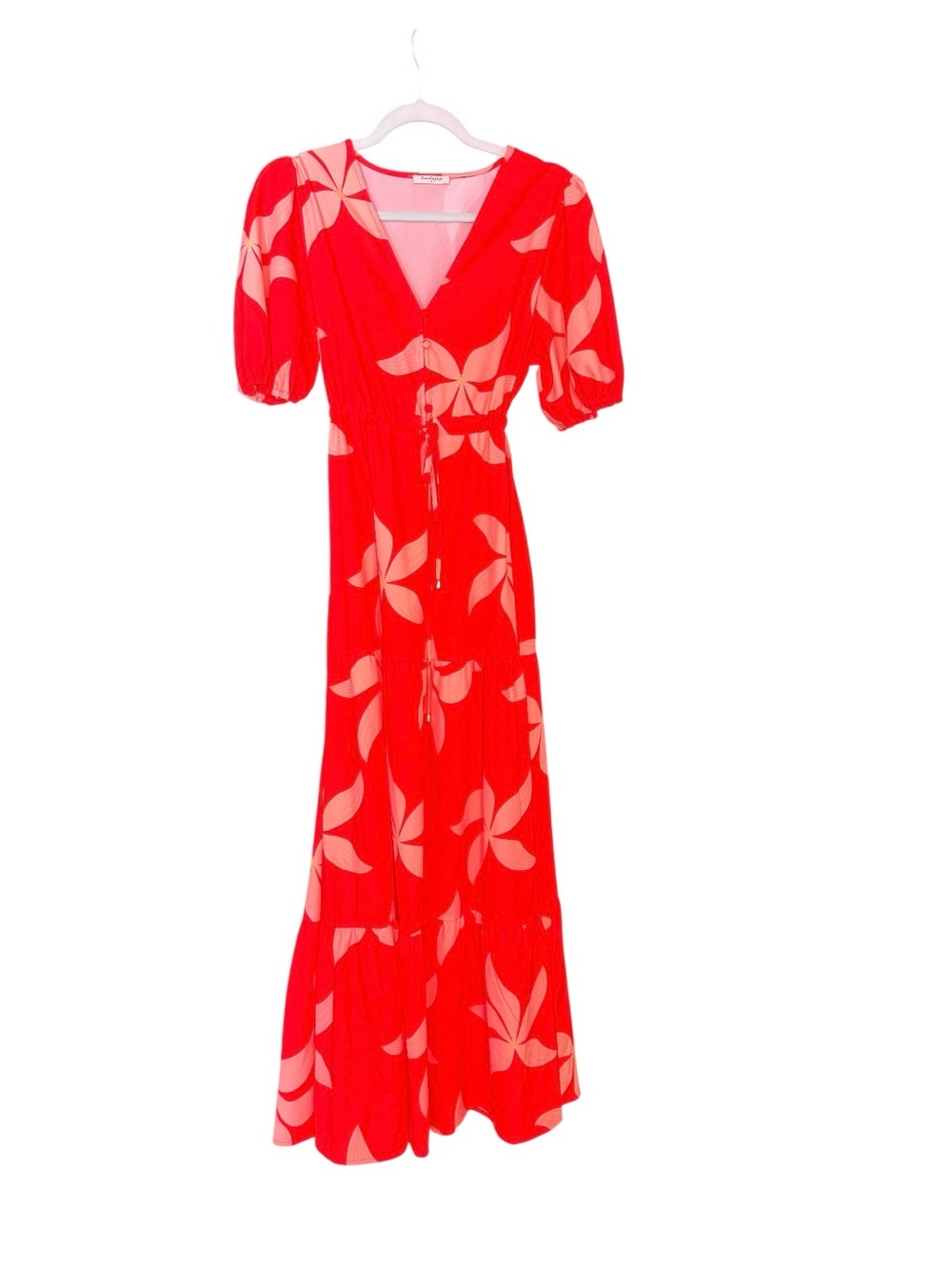 Orange Floral Puff-Sleeve Tie-Waist Maxi Dress | Medium